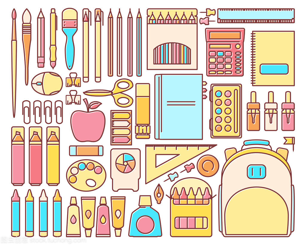 向量集的现代平面线性风格学校用品
